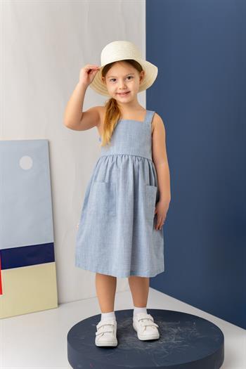 Kız Çocuk Askılı Cepli Midi Elbise - İndigo