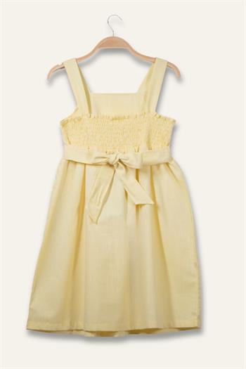 Kız Çocuk Askılı Cepli Midi Elbise - Sarı