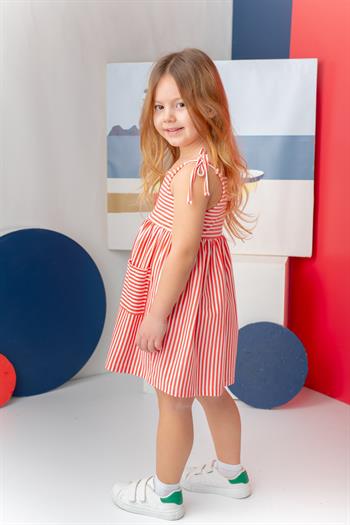 Kız Çocuk Askılı Çizgili Penye Elbise - Coral Çizgili