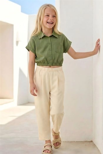Kız Çocuk Baggy Pantolon  - Krem