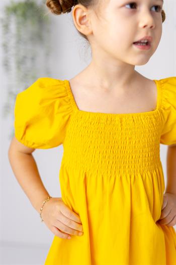 Kız Çocuk Balon Kollu Gipeli Dokuma Elbise
