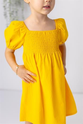 Kız Çocuk Balon Kollu Gipeli Dokuma Elbise