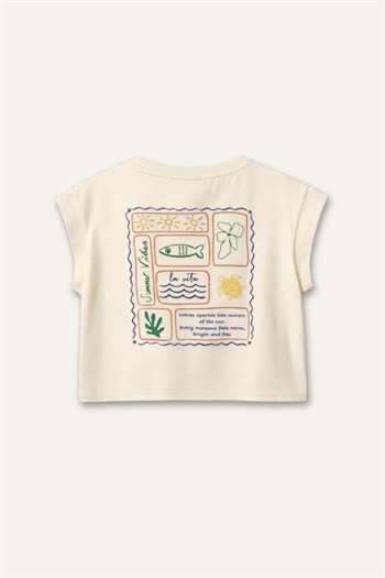 Kız Çocuk Baskılı T-shirt  - Krem