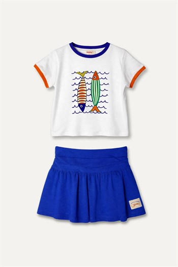 Kız Çocuk Baskılı T-shirt ve Etek Takım  - Sax