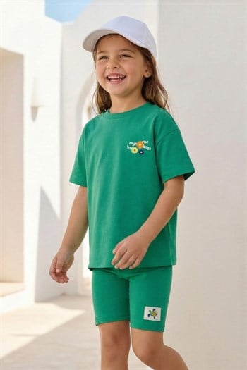 Kız Çocuk Baskılı T-shirt ve Tayt Takım  - Yeşil
