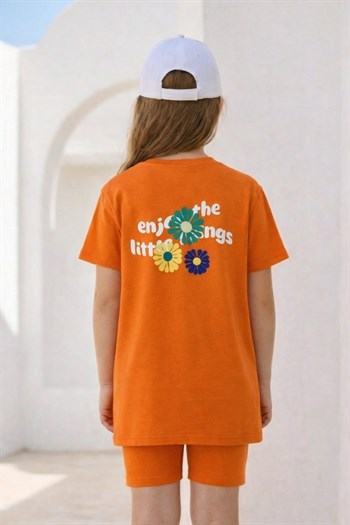 Kız Çocuk Baskılı T-shirt ve Tayt Takım  - Turuncu