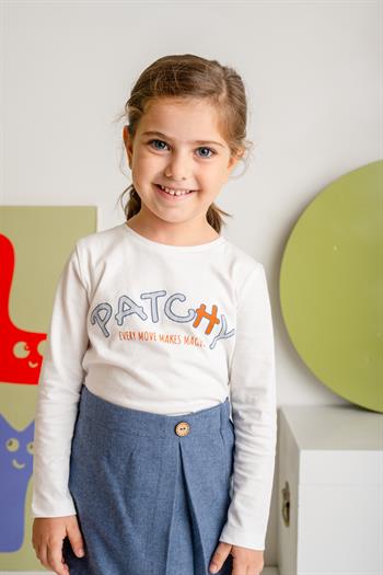 Kız Çocuk Baskılı Uzun Kol T-shirt - Ekru