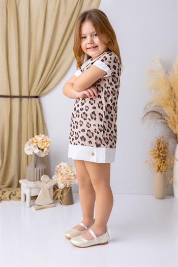 Kız Çocuk Bebe Yaka Leopar Desenli Şifon Elbise - Leopar Desenli