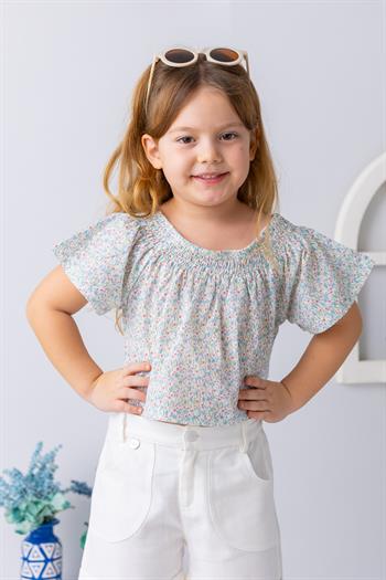 Kız Çocuk Çiçek Desenli Crop Bluz - Desenli