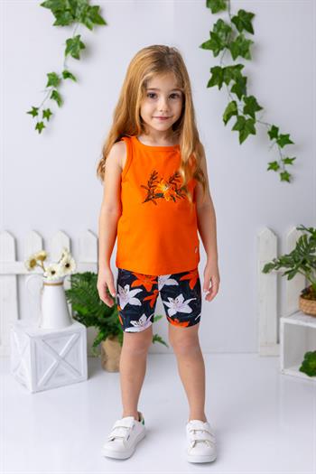 Kız Çocuk Çiçek Nakışlı Atlet - Oranj