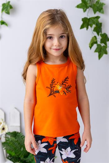 Kız Çocuk Çiçek Nakışlı Atlet - Oranj