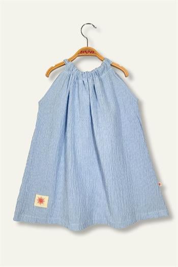 Kız Çocuk Çizgili Arkası Fiyonklu Gofre Elbise - Mavi Çizgili