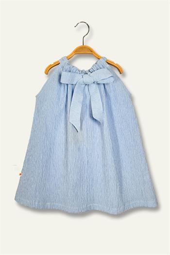 Kız Çocuk Çizgili Arkası Fiyonklu Gofre Elbise - Mavi Çizgili