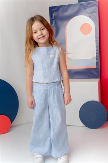Kız Çocuk Çizgili Bluz Pantalon Takım - Mavi Çizgili