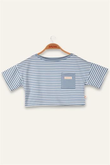 Kız Çocuk Çizgili Çep Detaylı Crop T-Shirt - Mavi Çizgili
