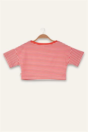 Kız Çocuk Çizgili Çep Detaylı Crop T-Shirt - Coral Çizgili