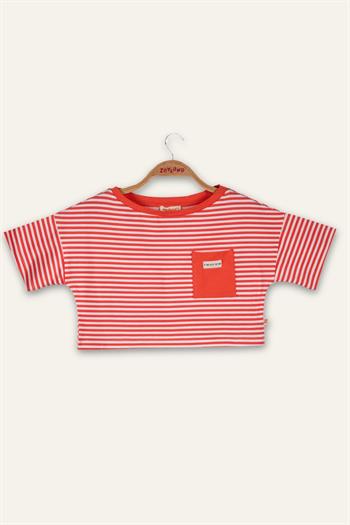 Kız Çocuk Çizgili Çep Detaylı Crop T-Shirt - Coral Çizgili