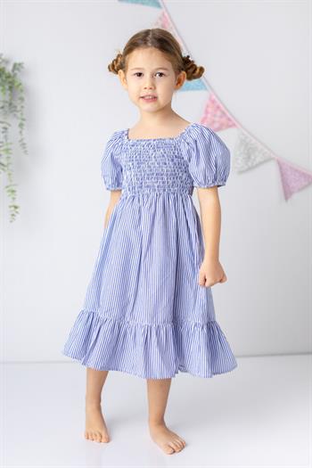 Kız Çocuk Çizgili Gipeli Dokuma Midi Elbise