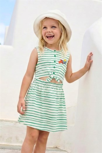 Kız Çocuk Çizgili Örme Elbise  - Yeşil