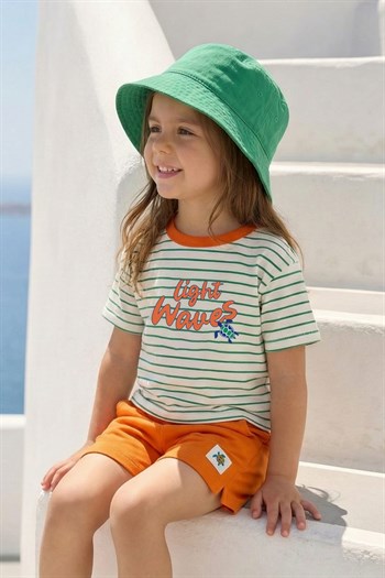 Kız Çocuk Çizgili T-shirt ve Şort Takım  - Turuncu