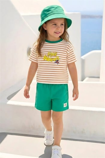 Kız Çocuk Çizgili T-shirt ve Şort Takım  - Yeşil