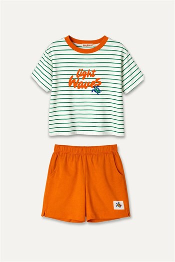 Kız Çocuk Çizgili T-shirt ve Şort Takım  - Turuncu