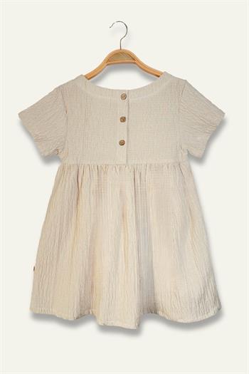 Kız Çocuk Çizgili Yarım Kol Gofre Elbise - Taş Çizgili