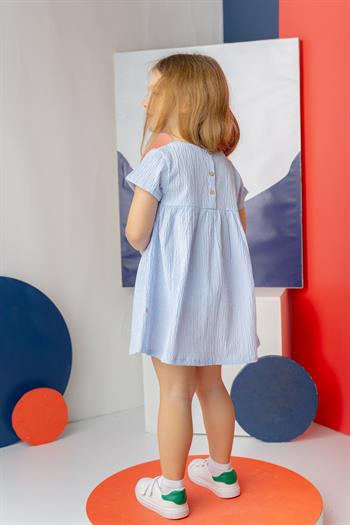 Kız Çocuk Çizgili Yarım Kol Gofre Elbise - Mavi Çizgili