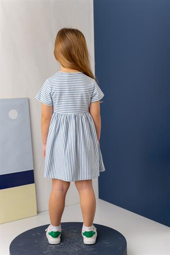 Kız Çocuk Çizgili Yarım Kol Penye Elbise - Mavi Çizgili