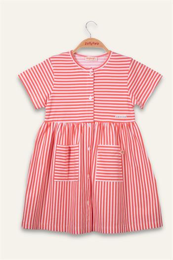 Kız Çocuk Çizgili Yarım Kol Penye Elbise - Coral Çizgili