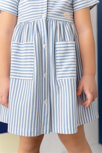 Kız Çocuk Çizgili Yarım Kol Penye Elbise - Mavi Çizgili