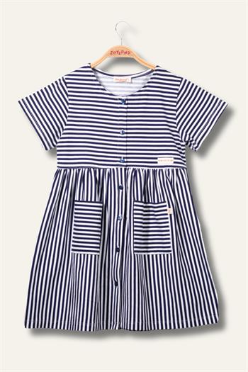 Kız Çocuk Çizgili Yarım Kol Penye Elbise - Lacivert Çizgili