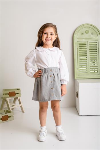 Kız Çocuk Düğme Detaylı Dokuma Etek - Gri
