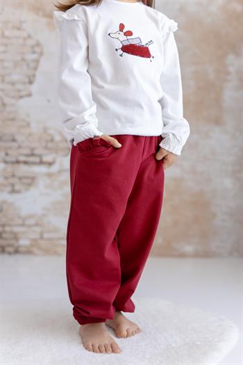 Kız Çocuk Fırfır Cepli Eşofman Altı - Bordo