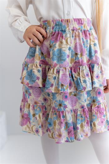 Kız Çocuk Fırfır Detaylı Desenli Dokuma Etek