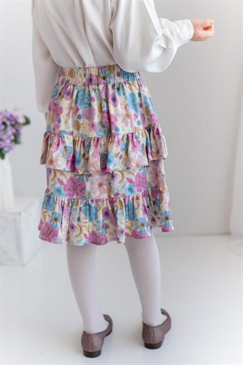 Kız Çocuk Fırfır Detaylı Desenli Dokuma Etek