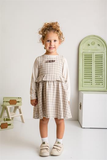Kız Çocuk Fırfırlı Dokuma Elbise ve Bluz Takım - Bej