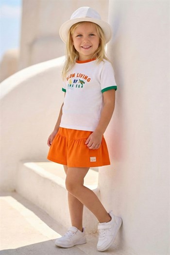 Kız Çocuk Fırfırlı Örme Şort  - Turuncu