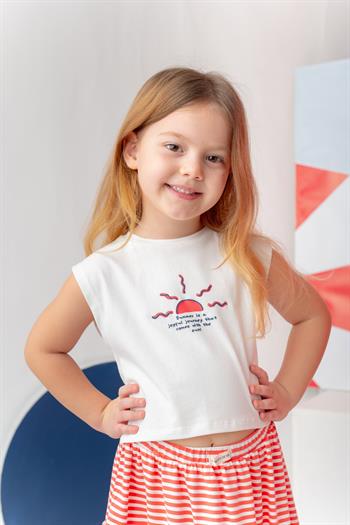 Kız Çocuk Hawaı Baskılı Kolsuz T-Shirt - Ekru