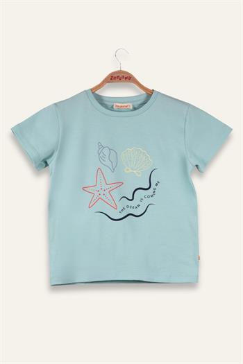 Kız Çocuk Hawaı Baskılı T-Shirt - Mint