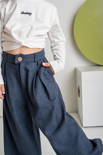 Kız Çocuk İnce Kaşe Pileli Bol Pantolon - Lacivert