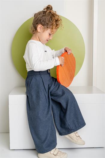 Kız Çocuk İnce Kaşe Pileli Bol Pantolon - Lacivert