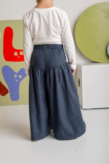 Kız Çocuk İnce Kaşe Pileli Bol Pantolon - Lacivert