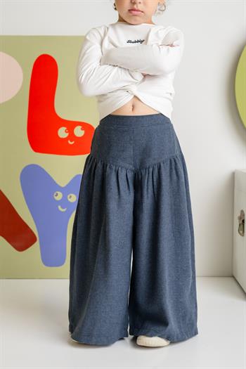 Kız Çocuk İnce Kaşe Pileli Bol Pantolon - Lacivert