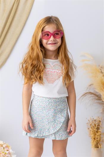 Kız Çocuk Kalp Nakışlı T-shirt - Ekru