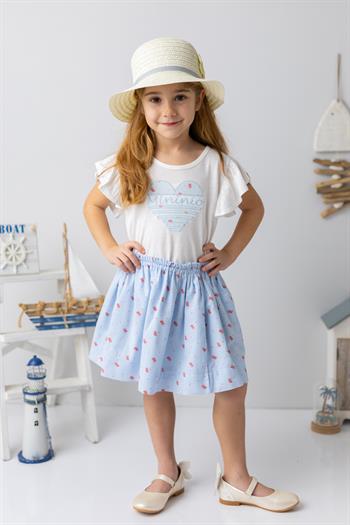 Kız Çocuk Kalp Nakışlı T-shirt - Ekru