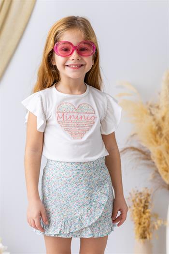 Kız Çocuk Kalp Nakışlı T-shirt - Ekru