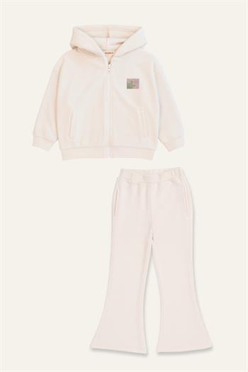 Kız Çocuk Kapşonlu Fermuarlı Polar İkili Takım - Krem