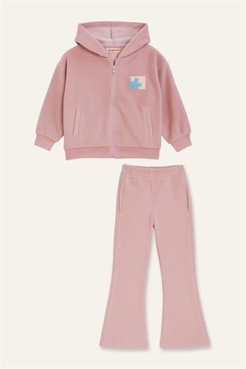 Kız Çocuk Kapşonlu Fermuarlı Polar İkili Takım - Pembe