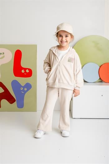 Kız Çocuk Kapşonlu Fermuarlı Polar İkili Takım - Krem